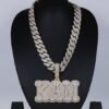 Front view of custom large letter pendant in 925 silver with VVS moissanite, two-tone gold and white gold plating, hanging on 18mm fully iced Cuban link chain, worn on mannequin.