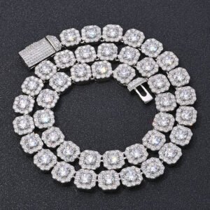 10mm silver cluster tennis chain square design coiled on black background showing iced stones