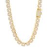 Gold 10mm cluster tennis chain square design hanging on white background simulating wear