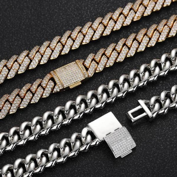 Gold chain front side up and silver chain back side up showing clasp and link details