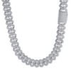 Silver bold Cuban chain hanging against white background