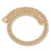 14mm gold plated brass iced out Cuban link chain laid flat on white background
