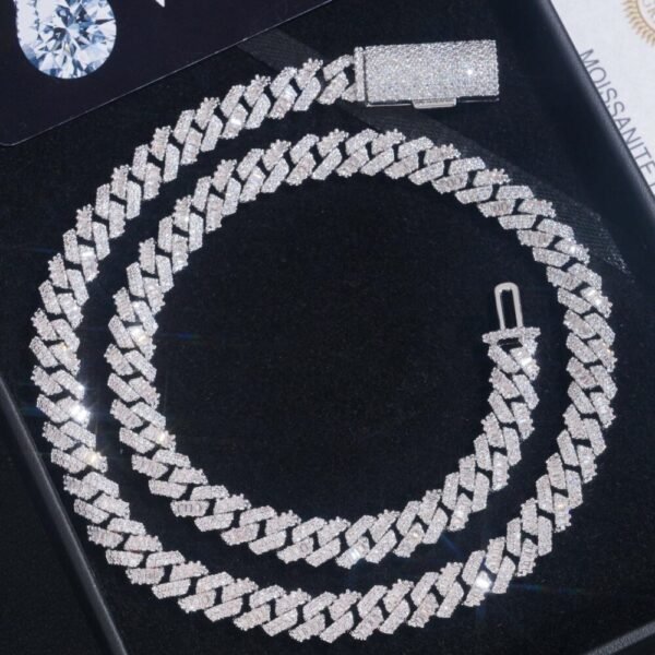 8mm silver Flat Cuban chain with VVS moissanite laid flat on white background showing craftsmanship