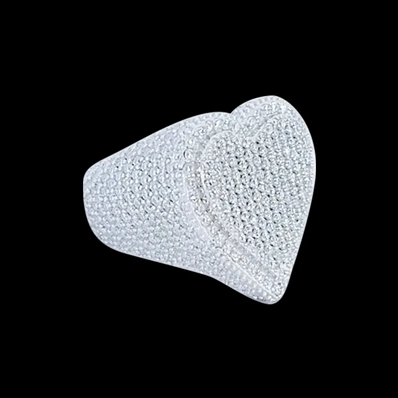 Iced out heart shape ring with VVS moissanite stones in 18K gold, close-up Side view