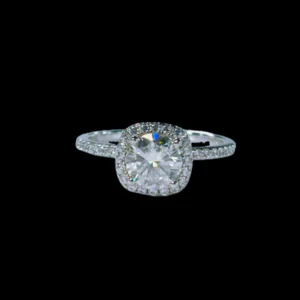 925 silver square moissanite halo ring product photo on dark background, VVS sparkle jewelry