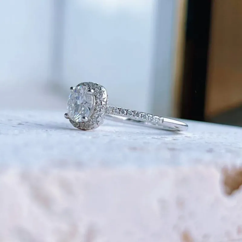 Side view of 925 silver square moissanite halo ring showing prong setting and craftsmanship