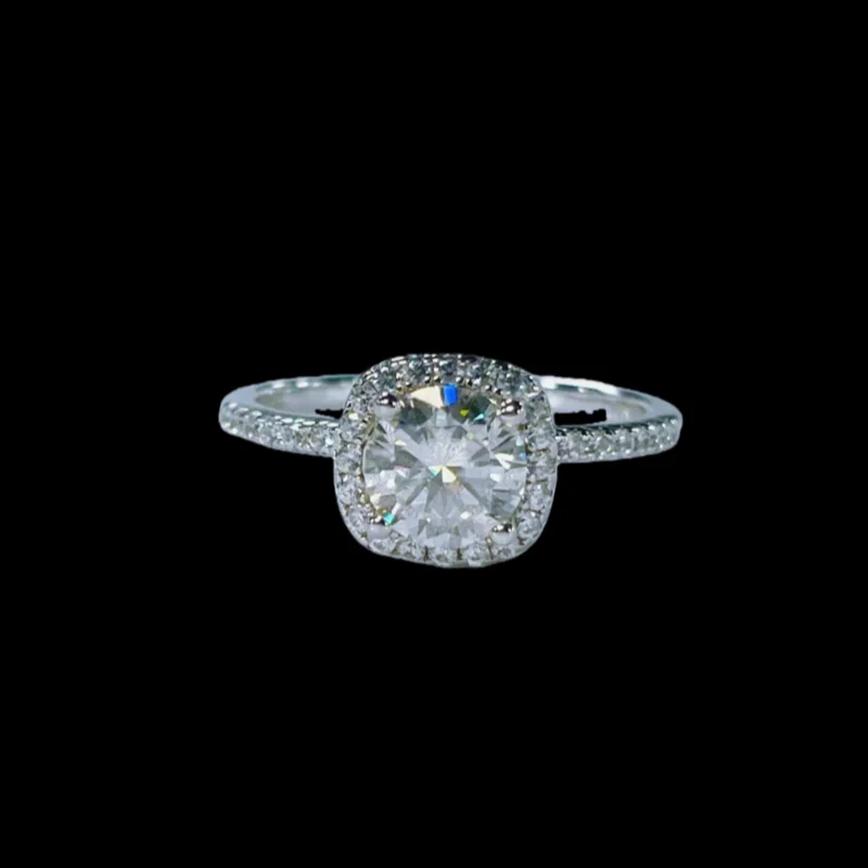 925 silver square moissanite halo ring product photo on dark background, VVS sparkle jewelry