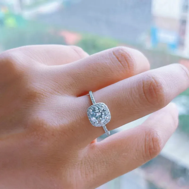 925 silver square moissanite halo ring worn on hand, luxury moissanite ring for daily wear