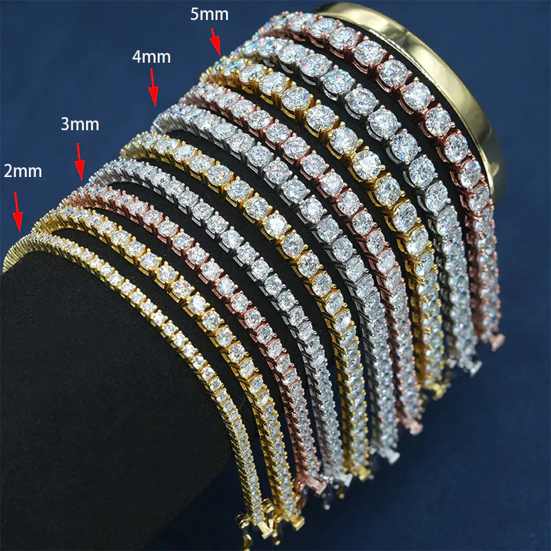 2mm to 5mm moissanite tennis chain size comparison in multiple gold colors, iced out chains in 925 silver