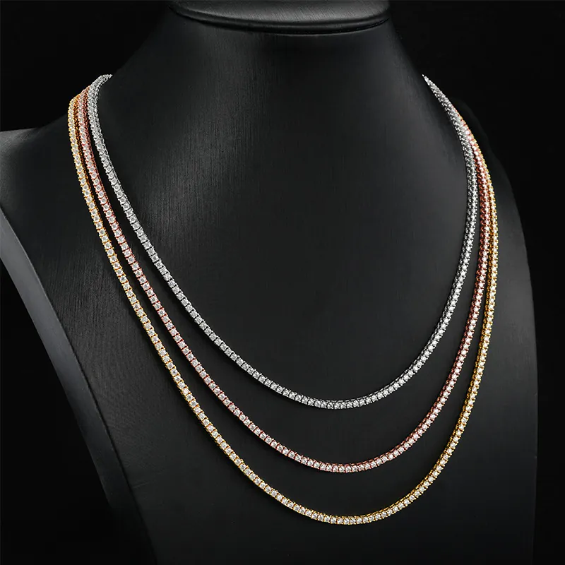 Model wearing 2mm moissanite tennis chain in white gold, yellow gold, and rose gold, GRA certified VVS stones