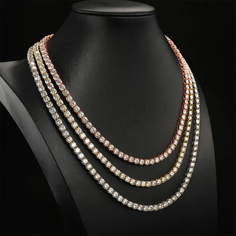 Side view of white and rose gold 4mm tennis chains on display mannequin