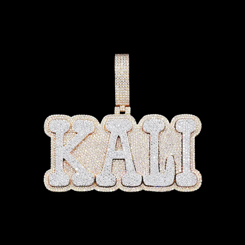 Front view of custom large letter pendant in 925 silver with VVS moissanite, two-tone gold and white gold plating, on black background.