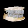 Front view of custom fully iced grillz in 925 silver with VVS moissanite,   14K white gold plating,   fully set with round-cut moissanite,   on black background.