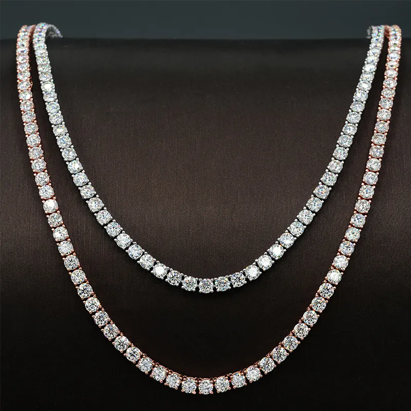 Front view of 4mm moissanite tennis chains in white and rose gold on mannequin