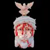 Front view of custom large Jesus pendant in 925 silver with VVS moissanite,   face plated in 14K rose gold,   crown of thorns and beard plated in 14K white gold,   red enamel blood details,   eagle-shaped bail,   on black background.