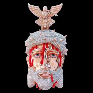 Front view of custom large Jesus pendant in 925 silver with VVS moissanite, face plated in 14K rose gold, crown of thorns and beard plated in 14K white gold, red enamel blood details, eagle-shaped bail, on black background.