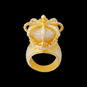 King crown ring in silver and moissanite diamond plated with 14K gold is shown from front side