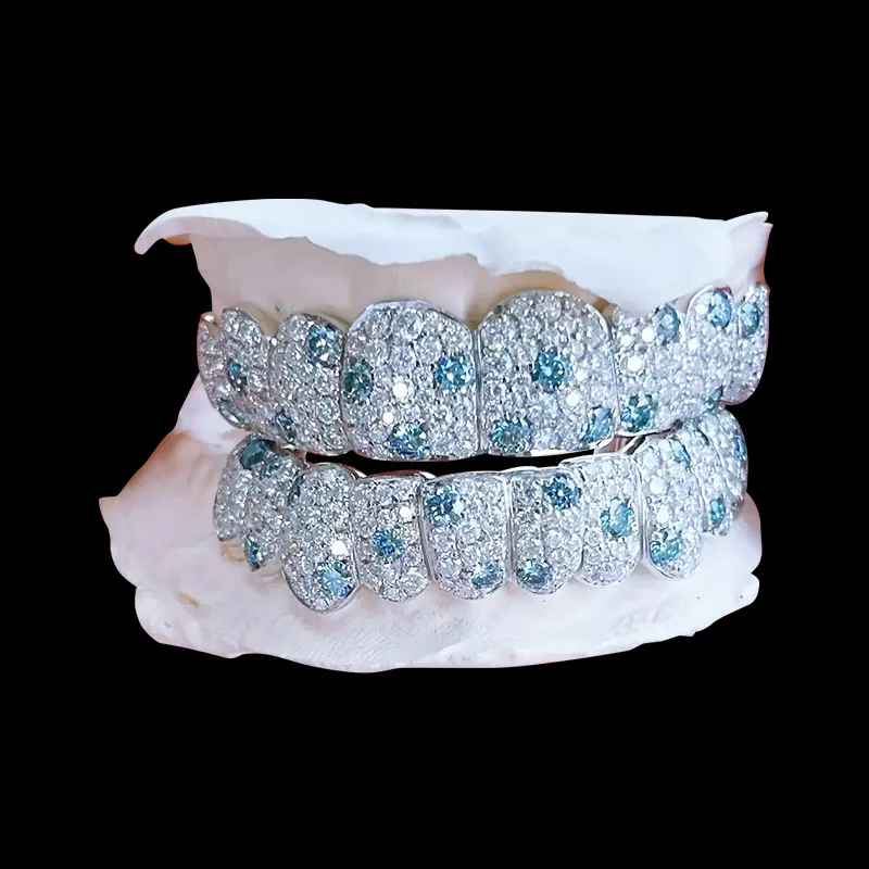 Blue White Moissanite Grillz – 6 Top & Bottom, on black background