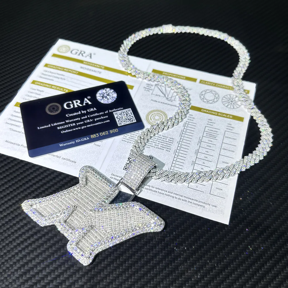 Custom uppercase letter pendant in 925 silver with VVS moissanite, 14K white gold plating, paired with 8mm fully iced Cuban link chain, laid flat on GRA certificate.