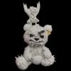 Iced out teddy bear pendant in 925 silver with evil eyes,   Front view held on black background