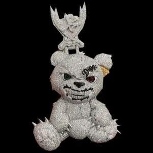 Iced out teddy bear pendant in 925 silver with evil eyes, Front view held on black background
