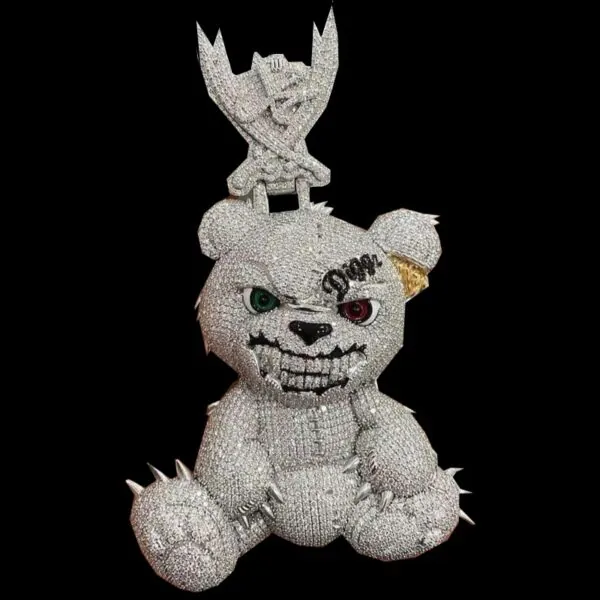 Iced out teddy bear pendant in 925 silver with evil eyes, Front view held on black background