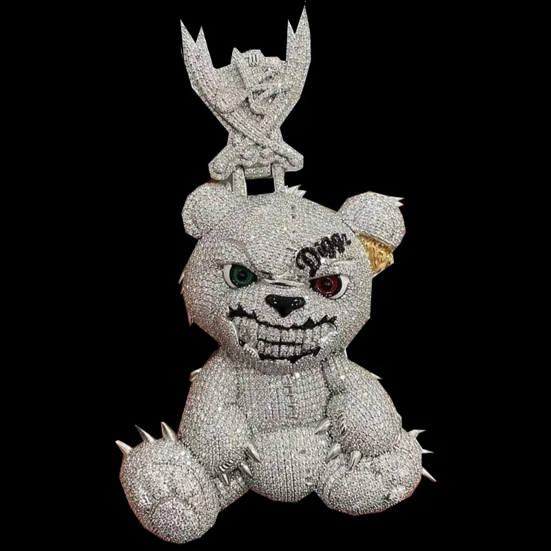 Iced out teddy bear pendant in 925 silver with evil eyes, Front view held on black background