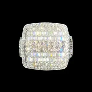 Top view of custom championship ring “paid” in Silver and vvs Moissanite