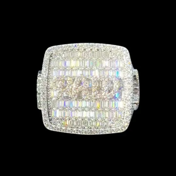 Top view of custom championship ring “paid” in Silver and vvs Moissanite