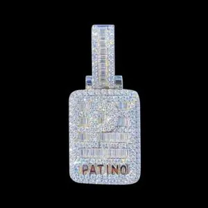 Custom square pendant with letter P, set with baguette VVS moissanite, 925 silver plated in 14K white gold, on black background.