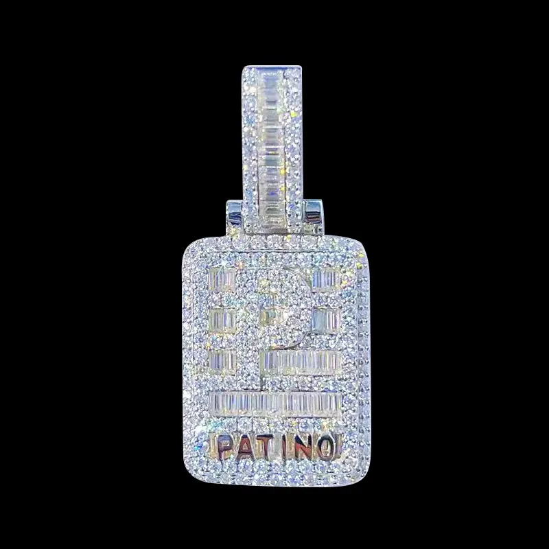 Custom square pendant with letter P, set with baguette VVS moissanite, 925 silver plated in 14K white gold, on black background.