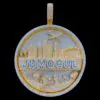 Front view of custom round skyline pendant in 925 silver with VVS moissanite,   gold-plated skyline and white gold-plated background,   fully iced,   on black background.