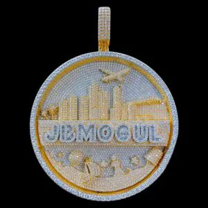 Front view of custom round skyline pendant in 925 silver with VVS moissanite, gold-plated skyline and white gold-plated background, fully iced, on black background.