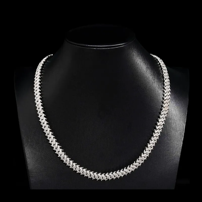 Sterling silver 10MM Spiked Moissanite Cuban Link Chain, 14K white gold plated, iced out hip hop necklace displayed on mannequin bust