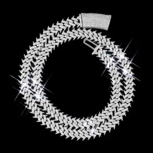 10MM Spiked Moissanite Cuban Link Chain in sterling silver with VVS moissanite, 14K white gold plated, iced out hip hop jewelry on black background