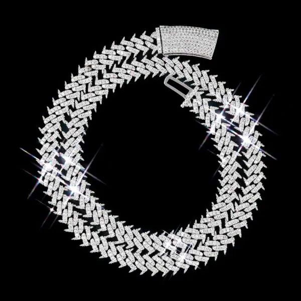 10MM Spiked Moissanite Cuban Link Chain in sterling silver with VVS moissanite, 14K white gold plated, iced out hip hop jewelry on black background