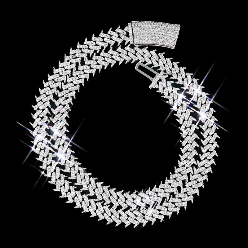 10MM Spiked Moissanite Cuban Link Chain in sterling silver with VVS moissanite, 14K white gold plated, iced out hip hop jewelry on black background