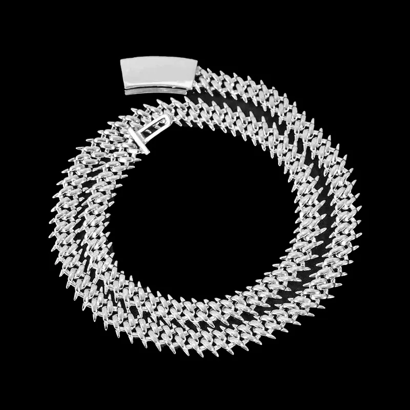 10MM Spiked Moissanite Cuban Link Chain in sterling silver with VVS moissanite, 14K white gold plated, iced out hip hop jewelry on black background