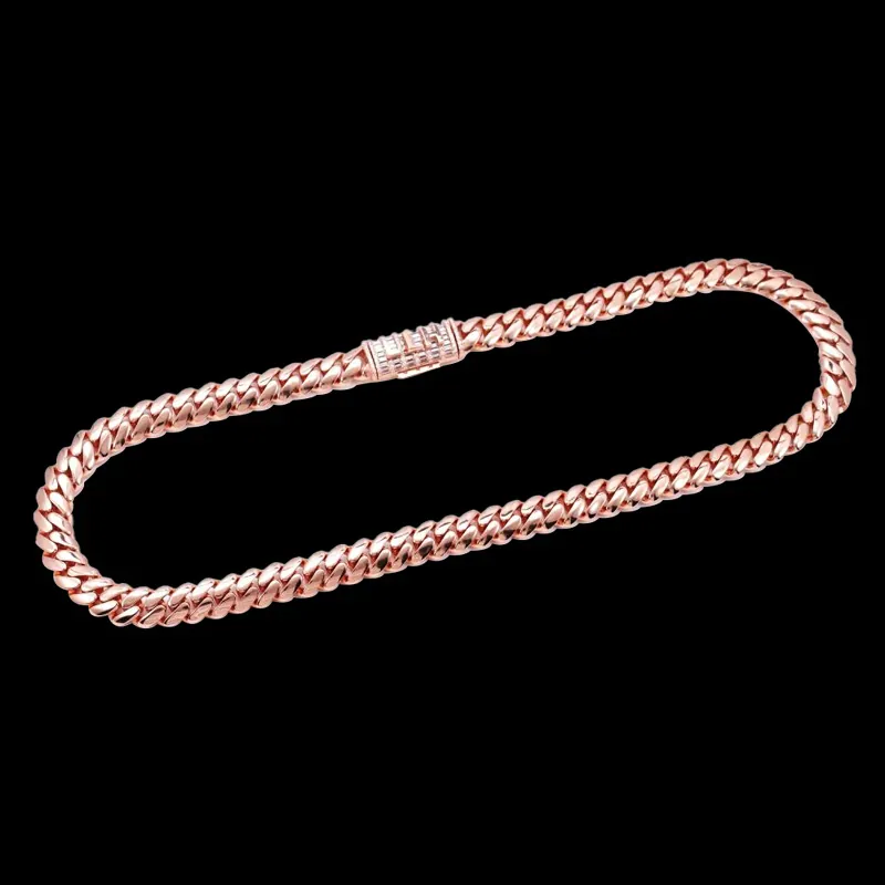 Sterling silver 12mm Big Cuban Chain Rose Gold, smooth finish with custom clasp set with baguette moissanite stones and personalized metal letters