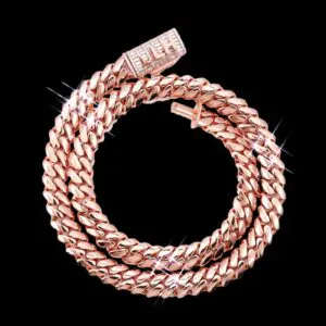 12mm Big Cuban Chain Rose Gold in sterling silver, iced out with moissanite, custom box clasp hip hop necklace displayed on black background