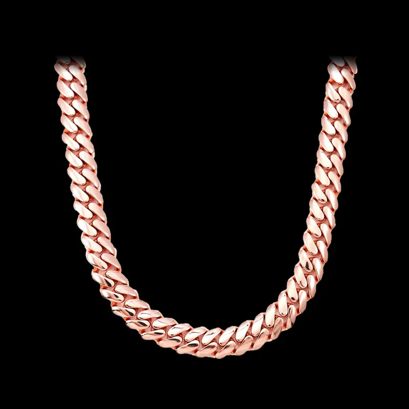 12mm Big Cuban Chain Rose Gold necklace in sterling silver, iced out with moissanite, hip hop jewelry displayed on mannequin bust