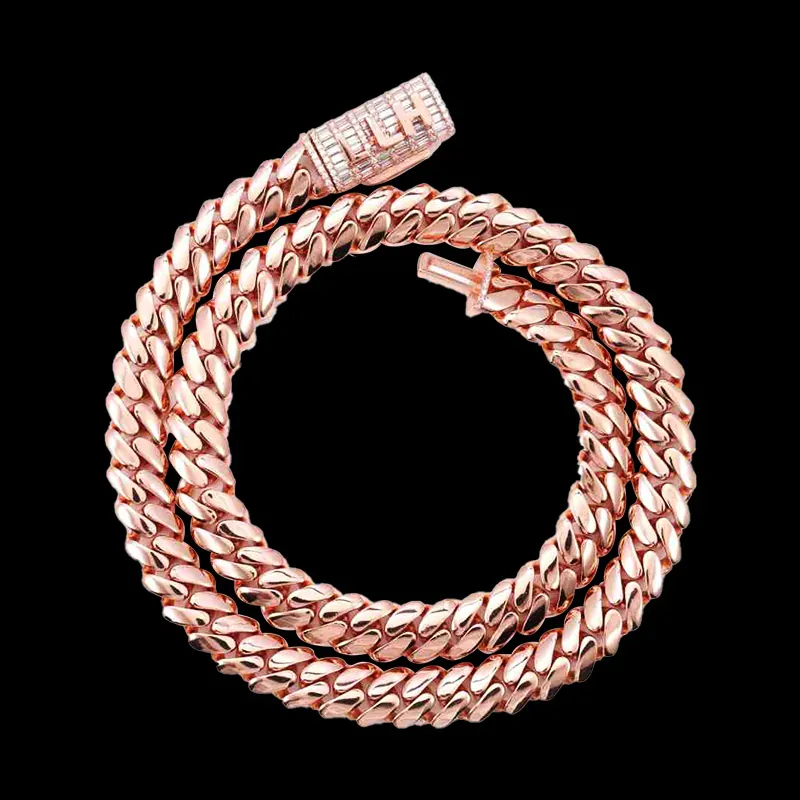 12mm Big Cuban Chain Rose Gold in sterling silver, iced out with moissanite, custom box clasp hip hop necklace displayed on black background