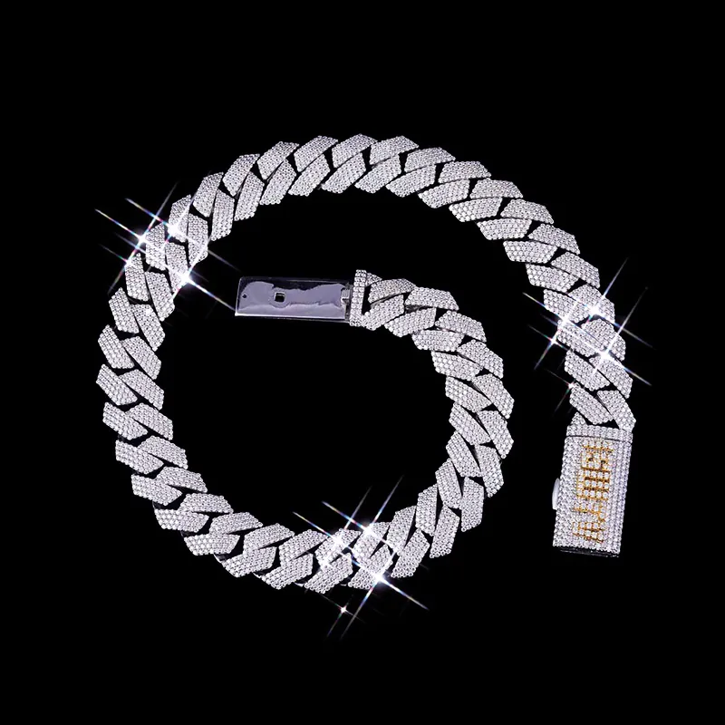 20mm bold Cuban chain iced out in sterling silver with VVS moissanite, 14K white gold plated, custom box clasp hip hop necklace on black background
