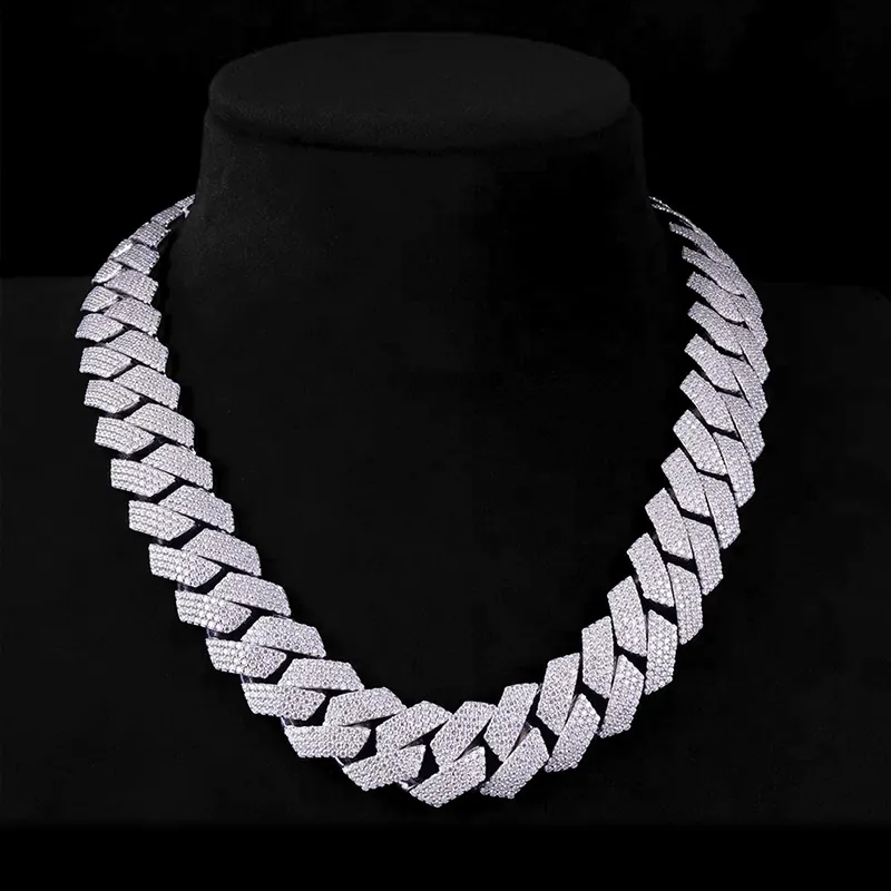 20mm bold Cuban chain iced out necklace in sterling silver with VVS moissanite, 14K white gold plated, hip hop jewelry displayed on mannequin bust
