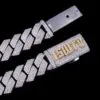 Sterling silver 20mm bold Cuban chain iced out with VVS moissanite,   14K white gold plated,   flat display showing custom gold letter box clasp