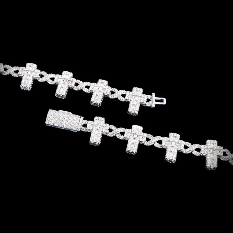 Sterling silver Cross Infinity Link Chain iced out with VVS moissanite, 14K white gold plated, flat display showing both box clasp details