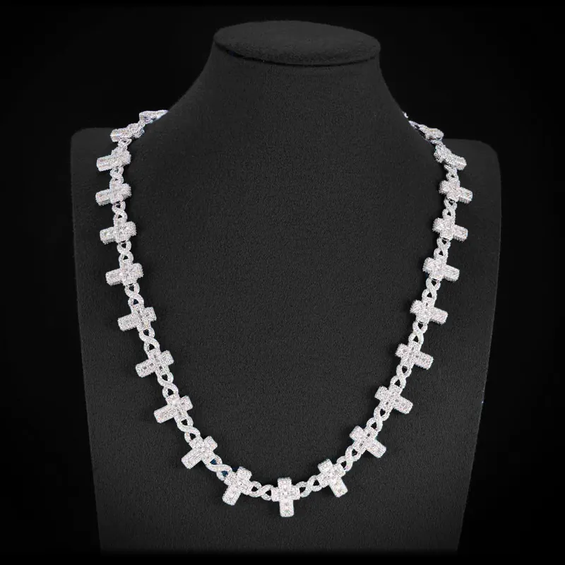 Cross Infinity Link Chain necklace crafted in sterling silver with VVS moissanite, 14K white gold plated, hip hop jewelry displayed on mannequin bust