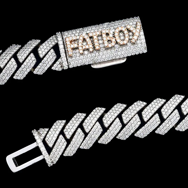 Sterling silver Custom Clasp 16MM Moissanite Cuban Link Chain with rose gold plating, FATBOY iced out clasp, flat display showing both box clasp ends