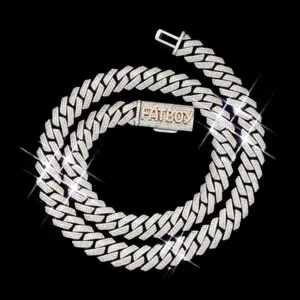 Custom Clasp 16MM Moissanite Cuban Link Chain in sterling silver with rose gold plating, FATBOY custom clasp iced out, displayed on black background