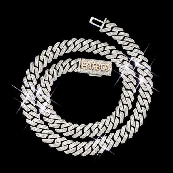 Custom Clasp 16MM Moissanite Cuban Link Chain in sterling silver with rose gold plating, FATBOY custom clasp iced out, displayed on black background
